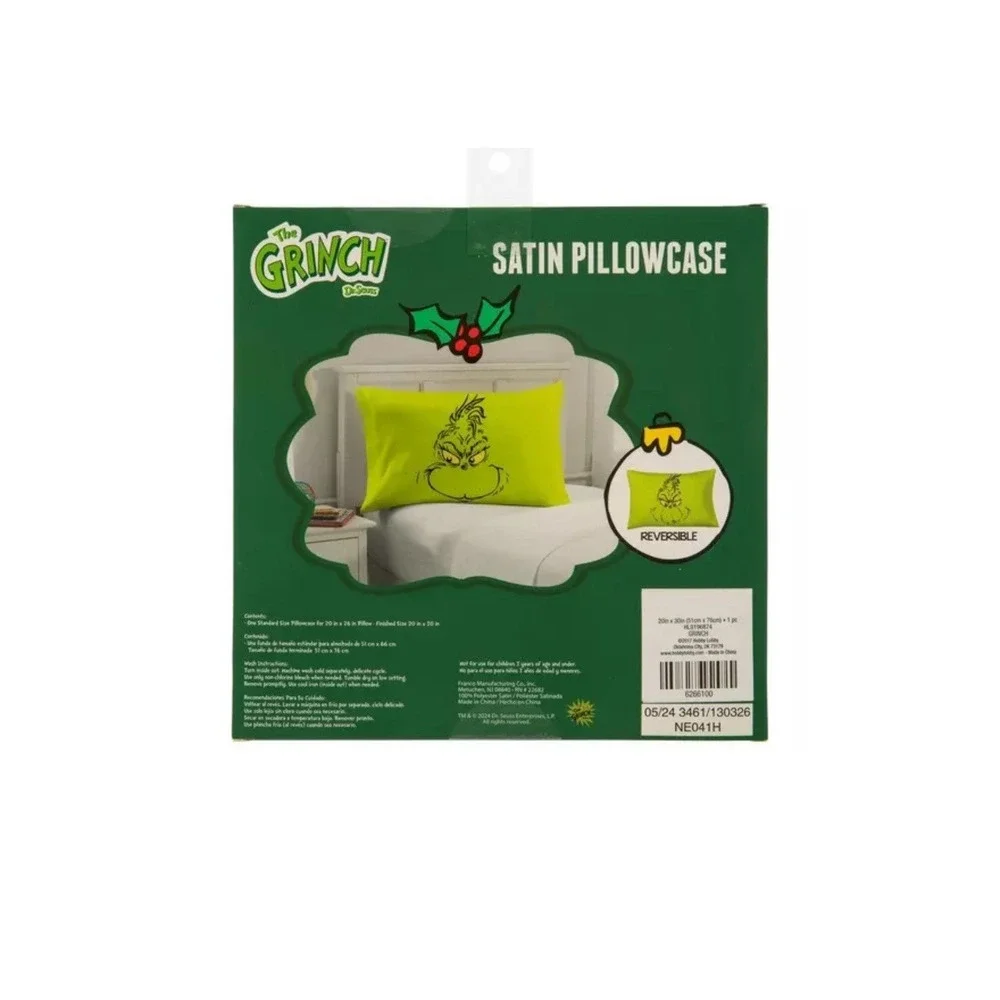 New Grinch Green Satin Feel‎ Reversible Pillowcase Standard Size 20x30 Holiday